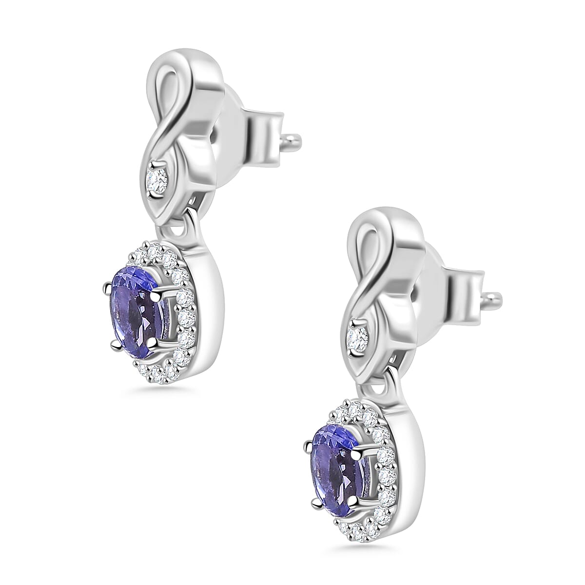 Tanzanite, White Zircon Halo Drop Earrings in Rhodium Overlay Sterling Silver 7948777 4