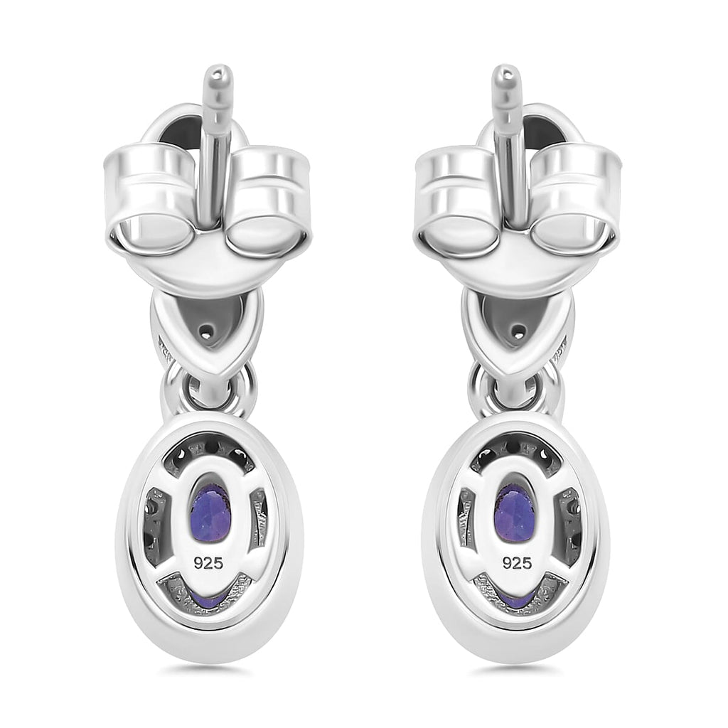 Tanzanite & White Zircon Solitaire Stud Push Back Earring in Rhodium Overlay Sterling Silver