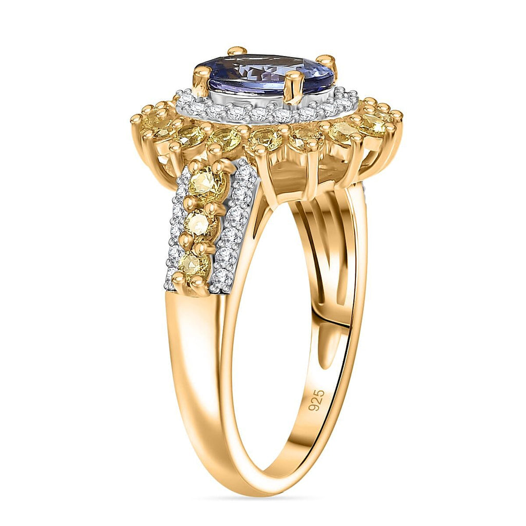 Tanzanite, Yellow Sapphire & White Zircon Cluster Ring in 18K Vermeil Yellow Gold Plated Sterling Silver 2.34 Ct.