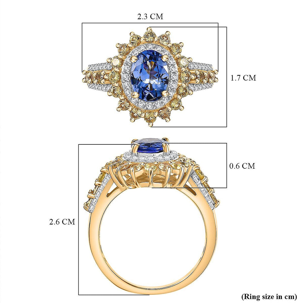 Tanzanite, Yellow Sapphire & White Zircon Cluster Ring in 18K Vermeil Yellow Gold Plated Sterling Silver 2.34 Ct.
