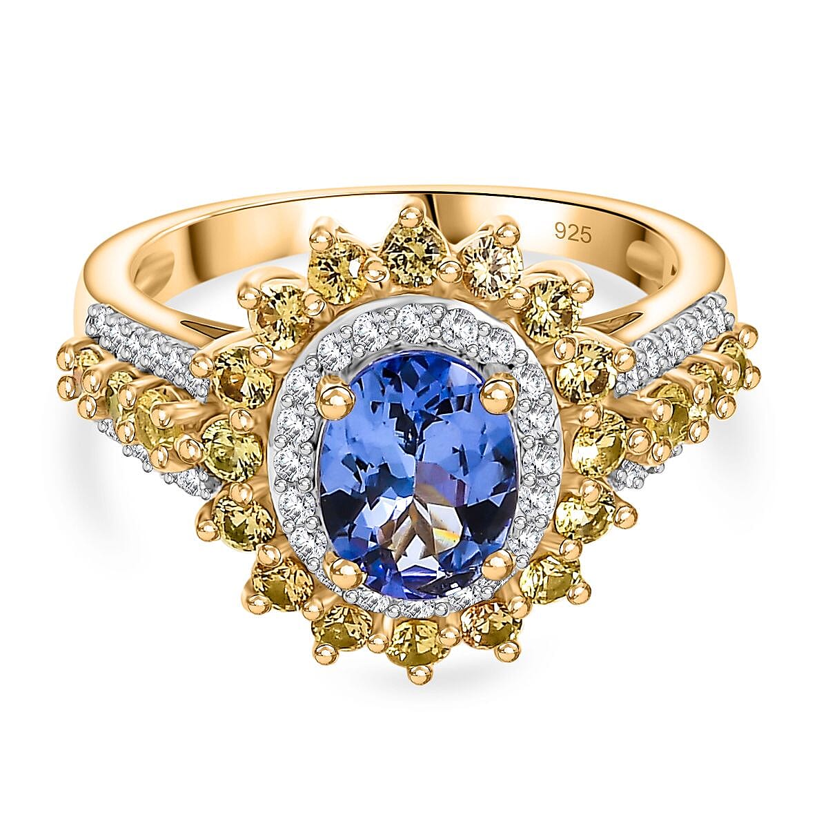 Tanzanite, Yellow Sapphire, White Zircon Halo Ring in 18K Vermeil Yellow Gold Over Sterling Silver 2.34 Ct. 8054623 0