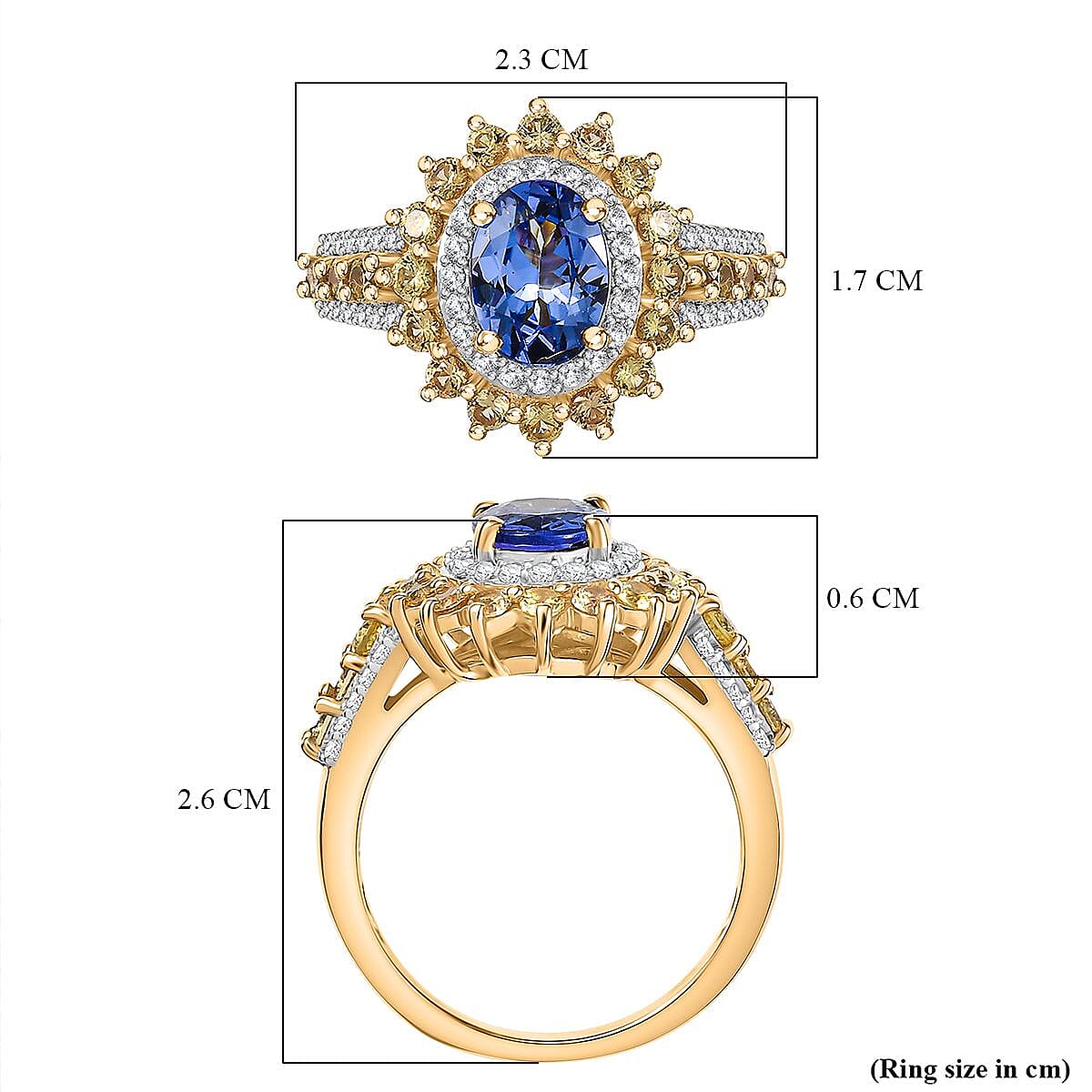 Tanzanite, Yellow Sapphire, White Zircon Halo Ring in 18K Vermeil Yellow Gold Over Sterling Silver 2.34 Ct. 8054623 6