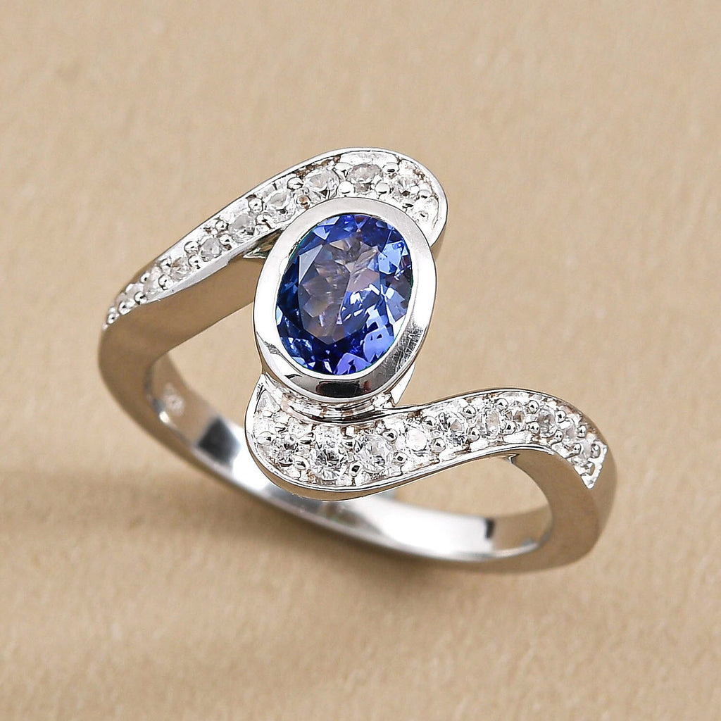 Tanzanite and Natural Zircon Bypass Ring in Platinum Overlay Sterling Silver 1.21 Ct