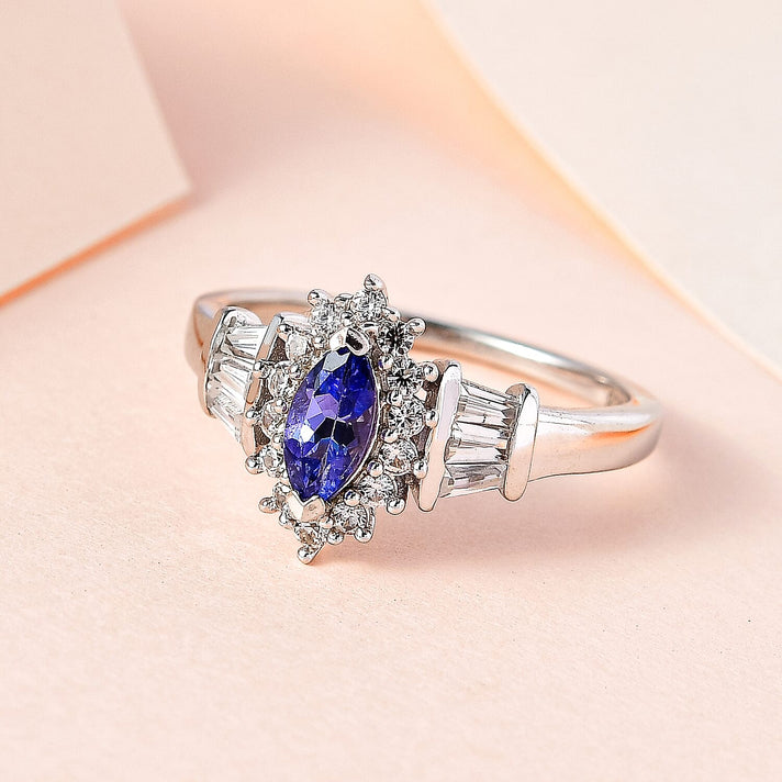 Tanzanite and Natural Zircon Halo Ring in Platinum Overlay Sterling Silver 7572019 2