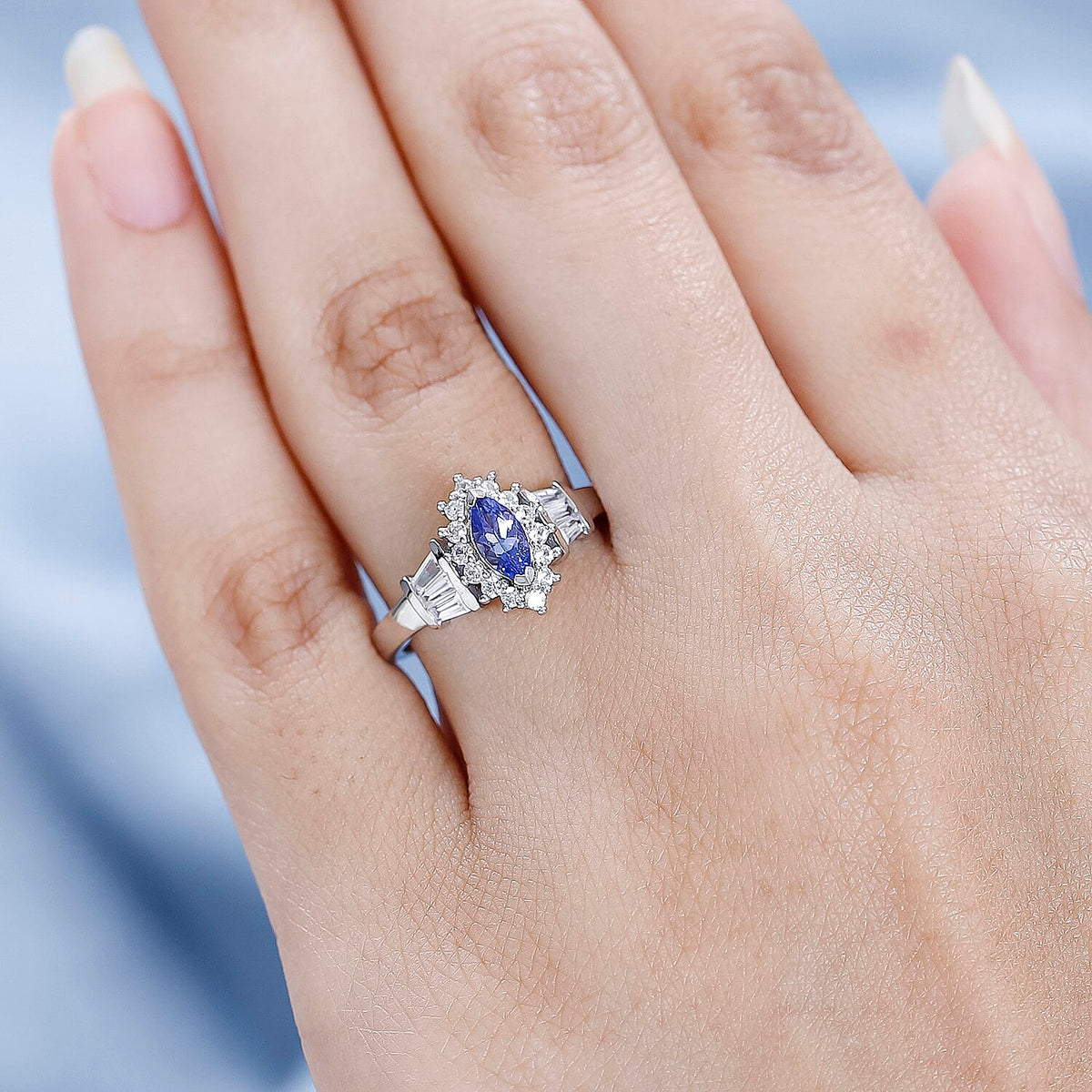 Tanzanite and Natural Zircon Halo Ring in Platinum Overlay Sterling Silver V32529505 5