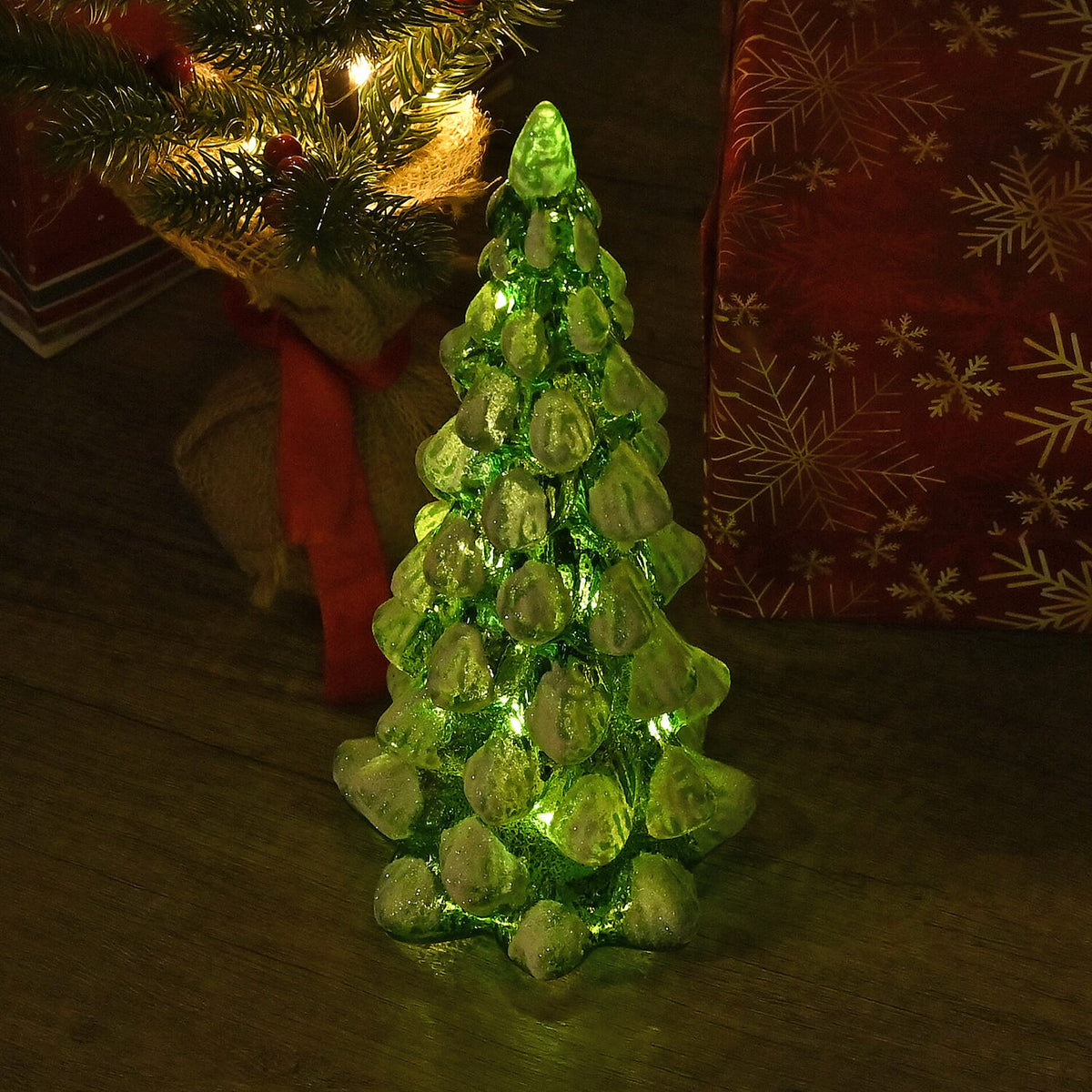 Tapered Glass LED Lighted Conical Christmas Tree With Electroplating Thread (Battery - CR2032X2, Incl.) - Green - White 7622501 1