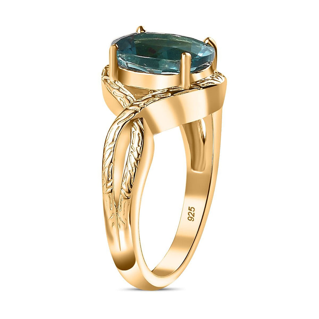 Belgian Teal Fluorite Solitaire Ring in 18K YG Vermeil Plated Sterling Silver 3.20 Ct