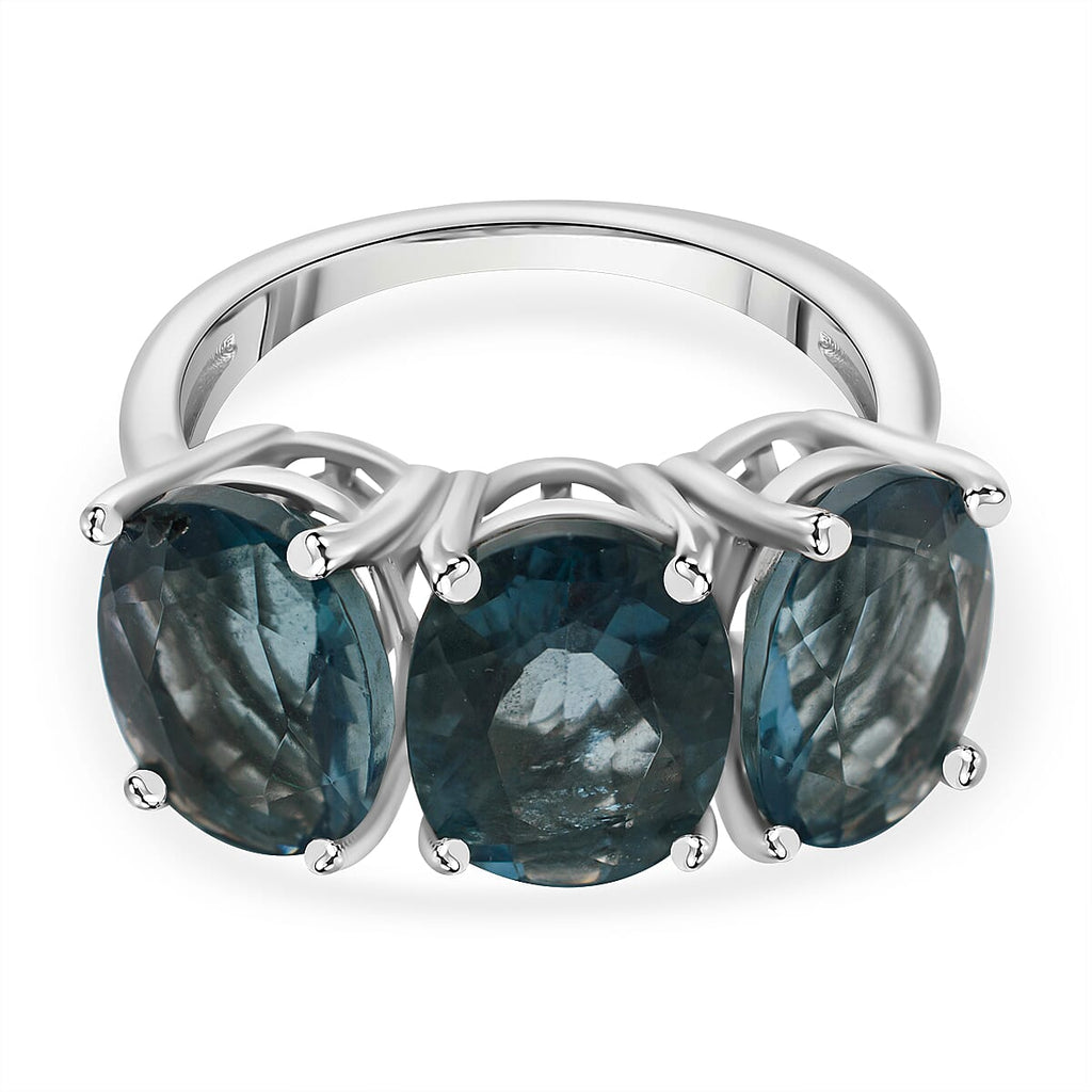 Teal Fluorite 3 Stone Ring in Rhodium Overlay Sterling Silver 6.50 Ct