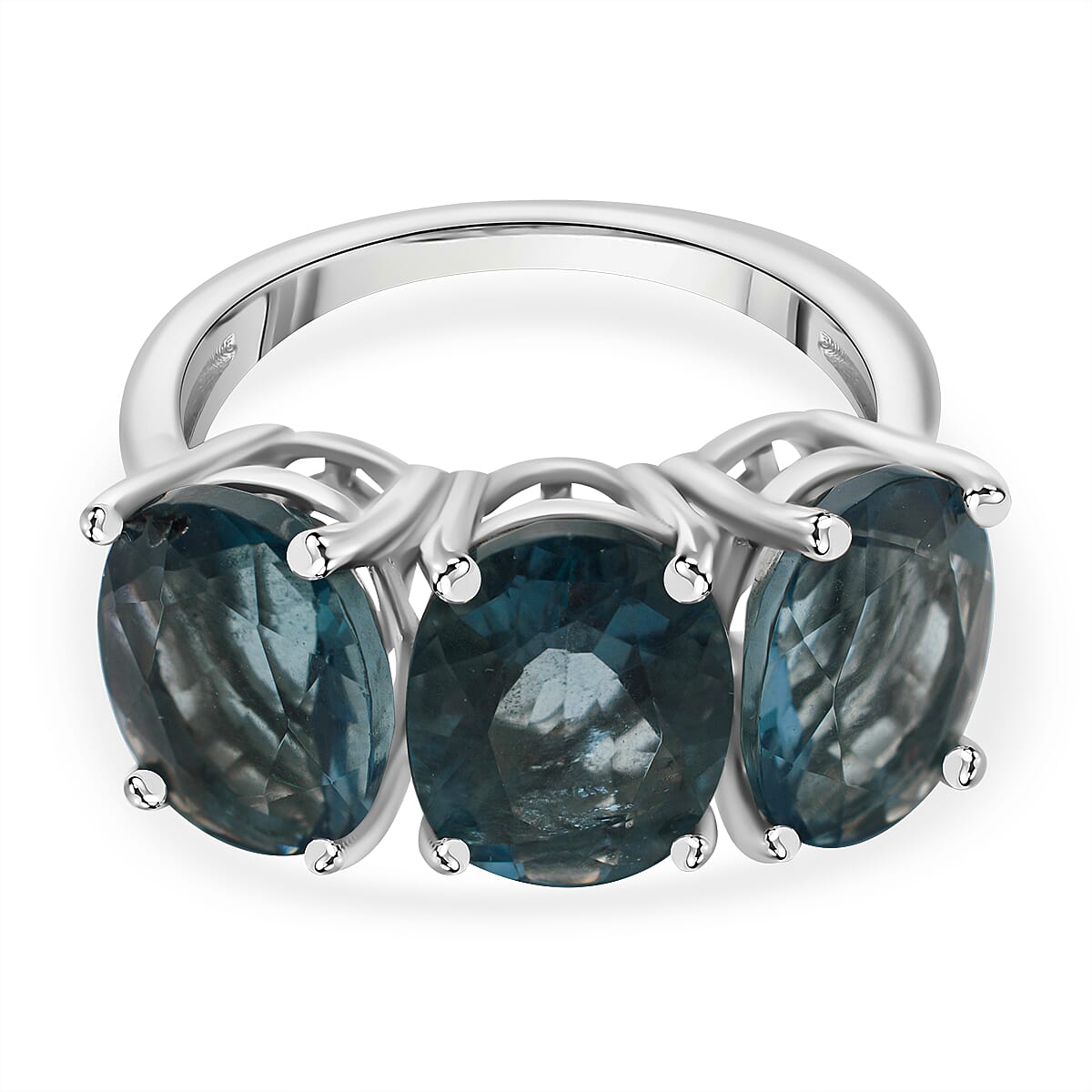 Belgian Teal Fluorite 3 Stone Ring in Rhodium Overlay Sterling Silver 6.50 Ct V32638079 0