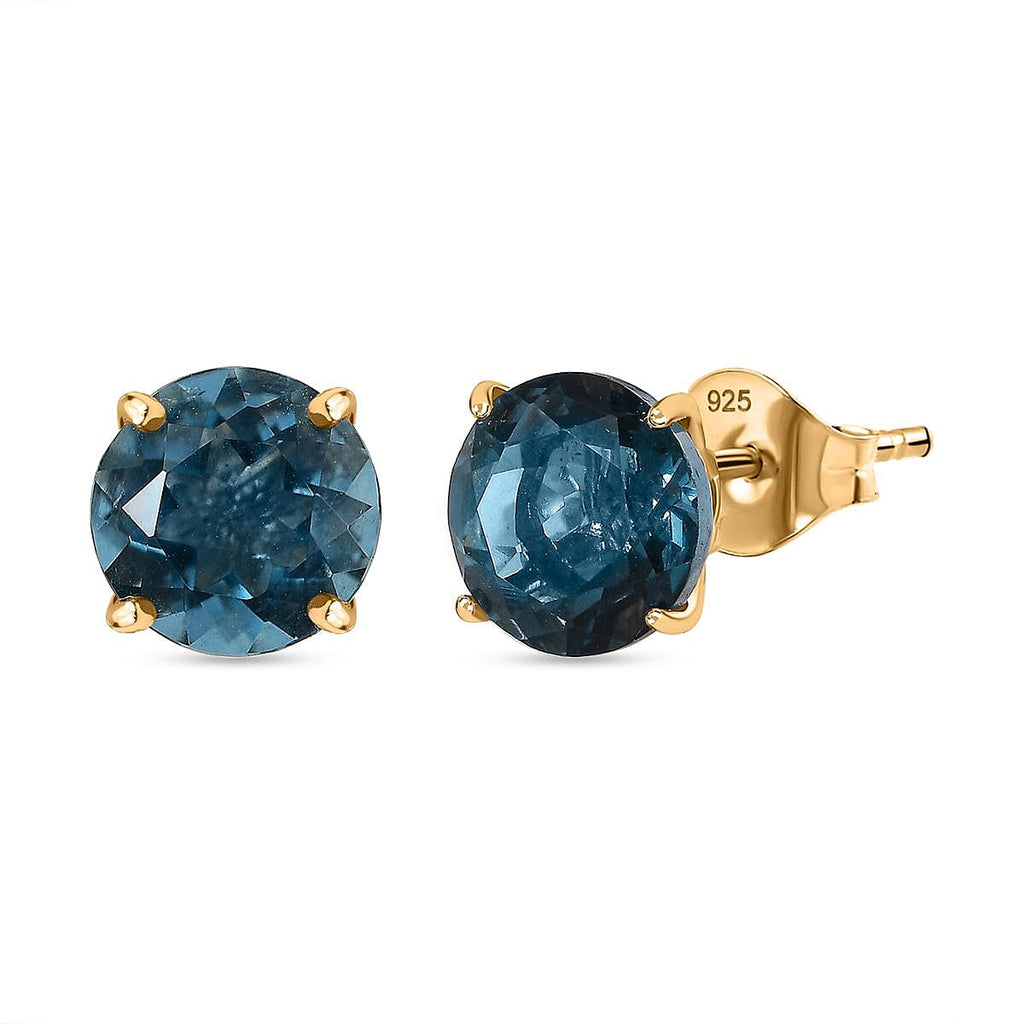 Belgian Teal Fluorite  Solitaire Stud Push Post Earring in 18K YG Vermeil Sterling Silver 5.072  Ct.