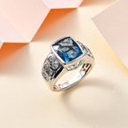 Belgian Teal Fluorite & Natural Zircon Ring in Rhodium Overlay Sterling Silver 6.70 Ct, Silver Wt. 5.60 Gms