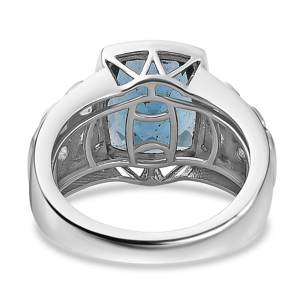 Belgian Teal Fluorite & Natural Zircon Ring in Rhodium Overlay Sterling Silver 6.70 Ct, Silver Wt. 5.60 Gms
