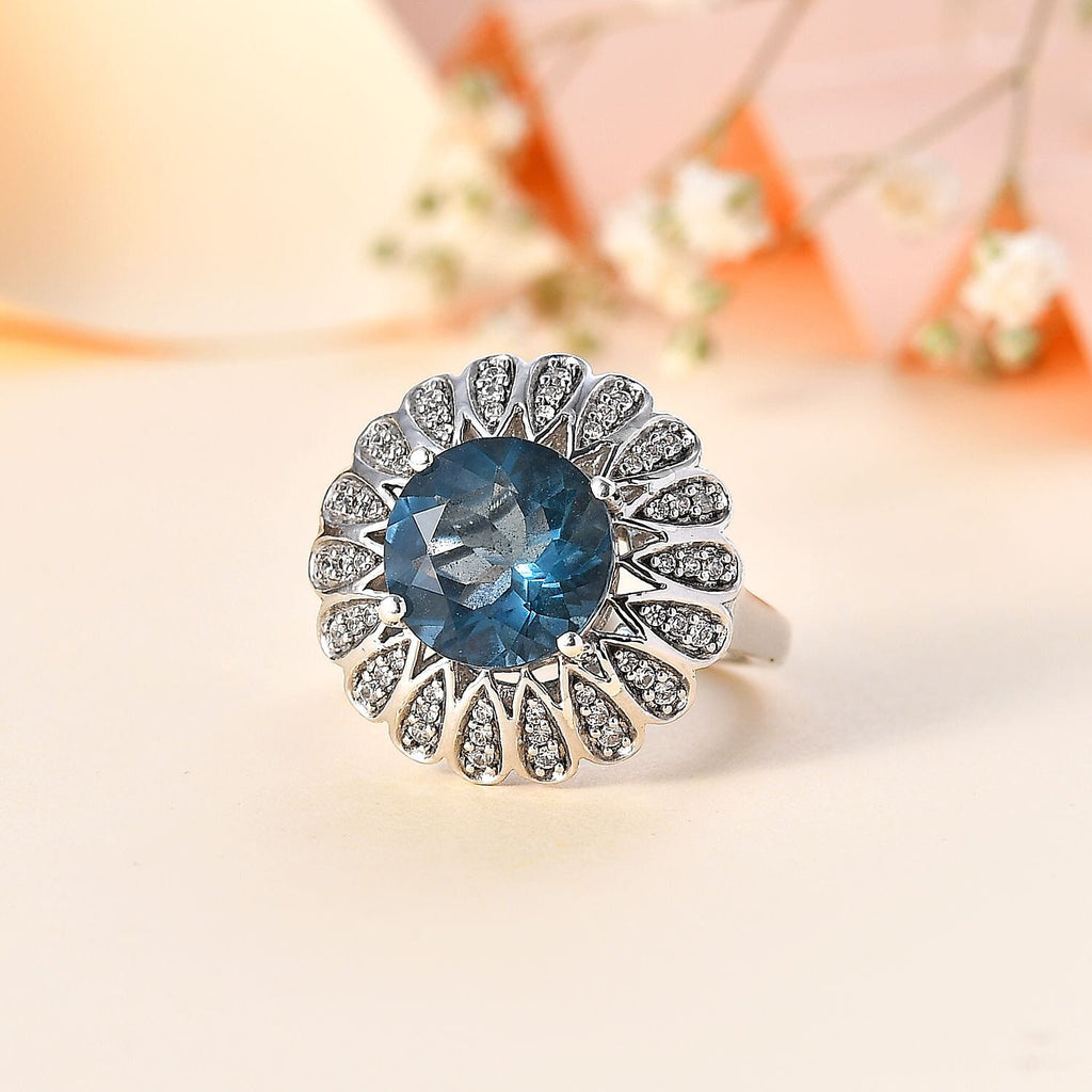 Teal Fluorite & Natural Zircon Cocktail Ring in Rhodium Overlay Sterling Silver 5.40 Ct