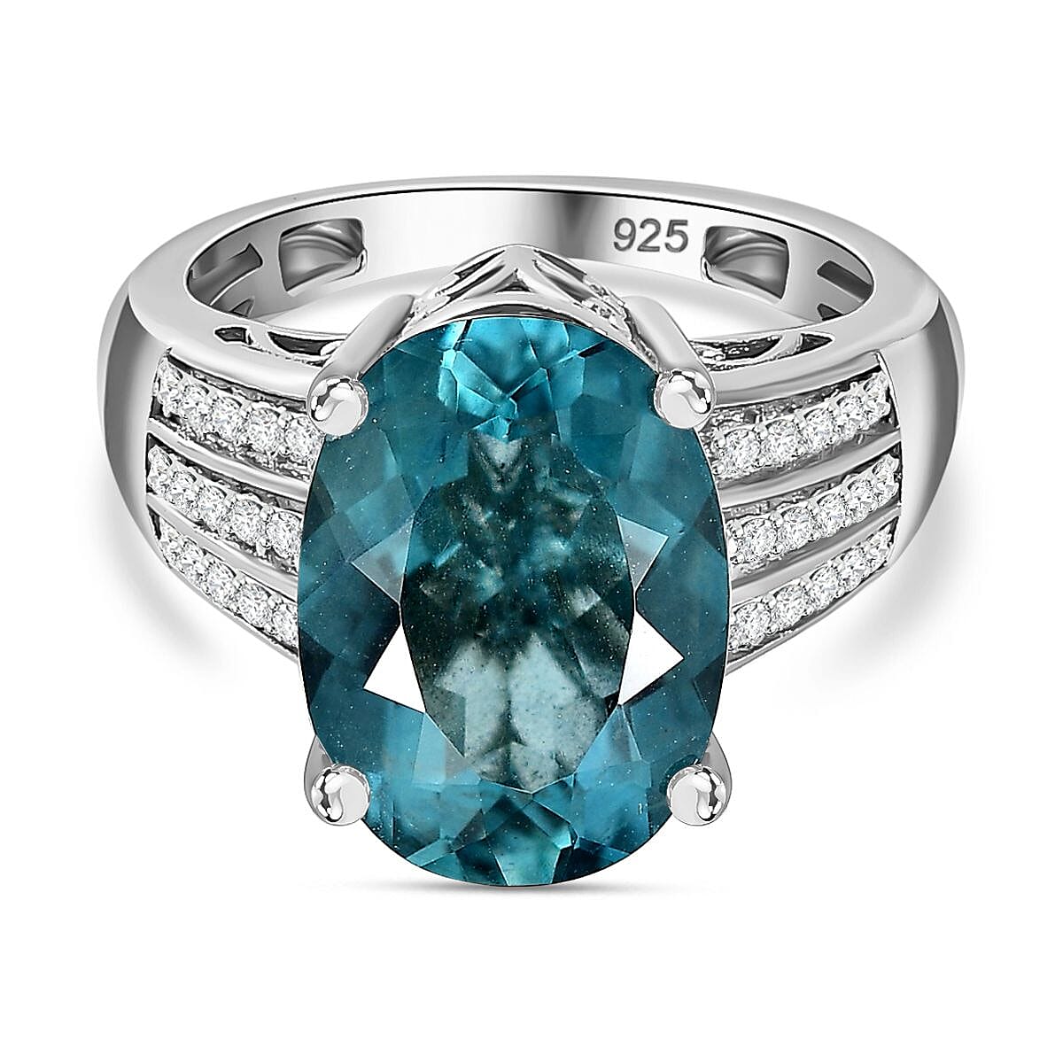 Belgian Teal Fluorite and Natural Zircon Ring in Rhodium Overlay Sterling Silver 6.96 Ct 7807567 0