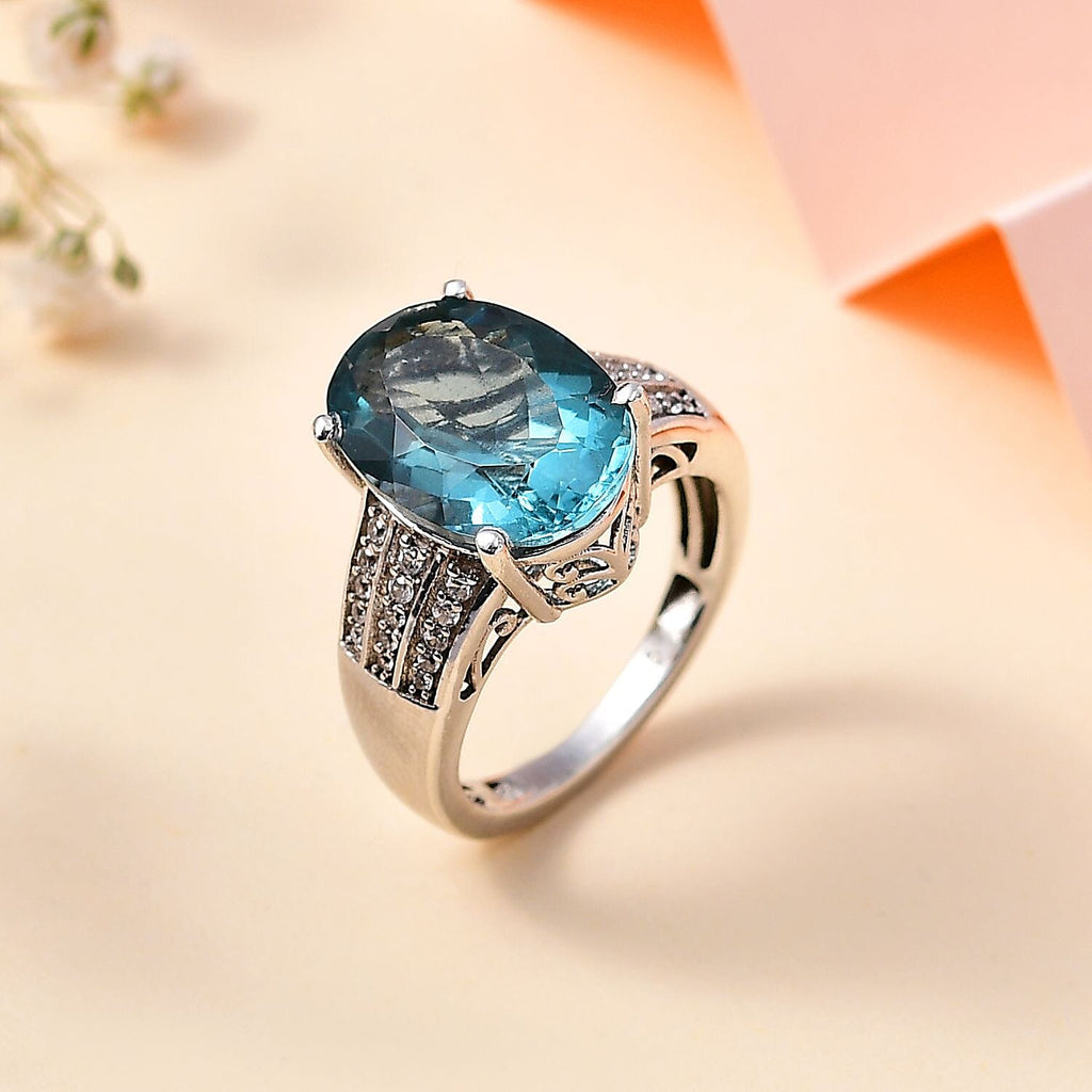 Teal Fluorite & Natural Zircon Ring in rhodium Sterling Silver 6.96 Ct
