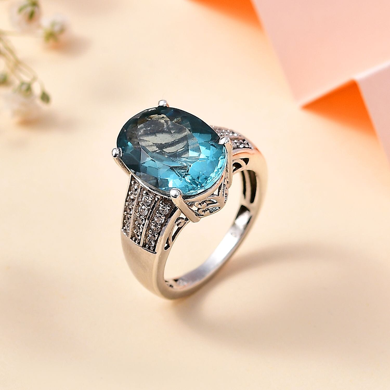 Belgian Teal Fluorite and Natural Zircon Ring in Rhodium Overlay Sterling Silver 6.96 Ct 7807567 2