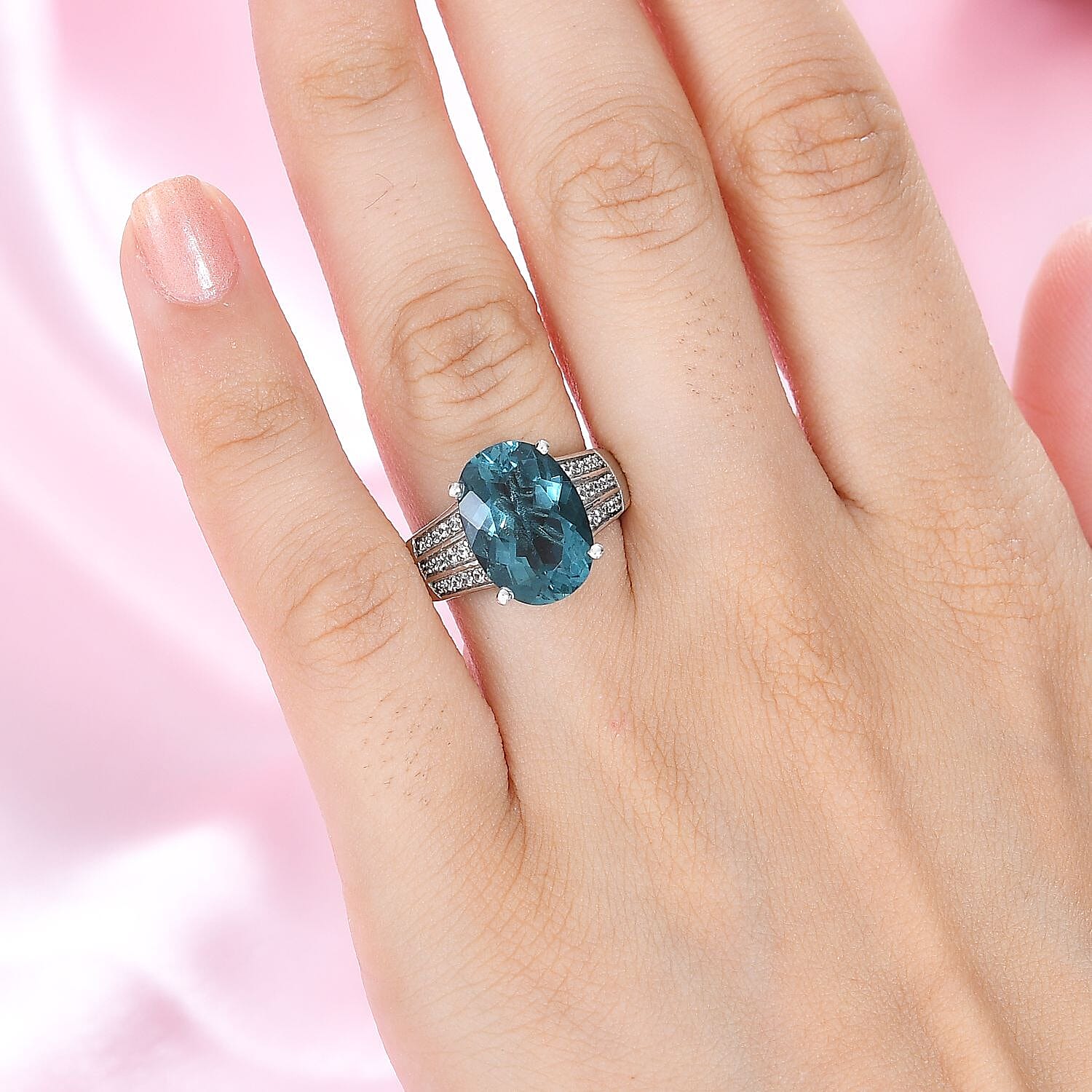 Belgian Teal Fluorite and Natural Zircon Ring in Rhodium Overlay Sterling Silver 6.96 Ct 7807567 3