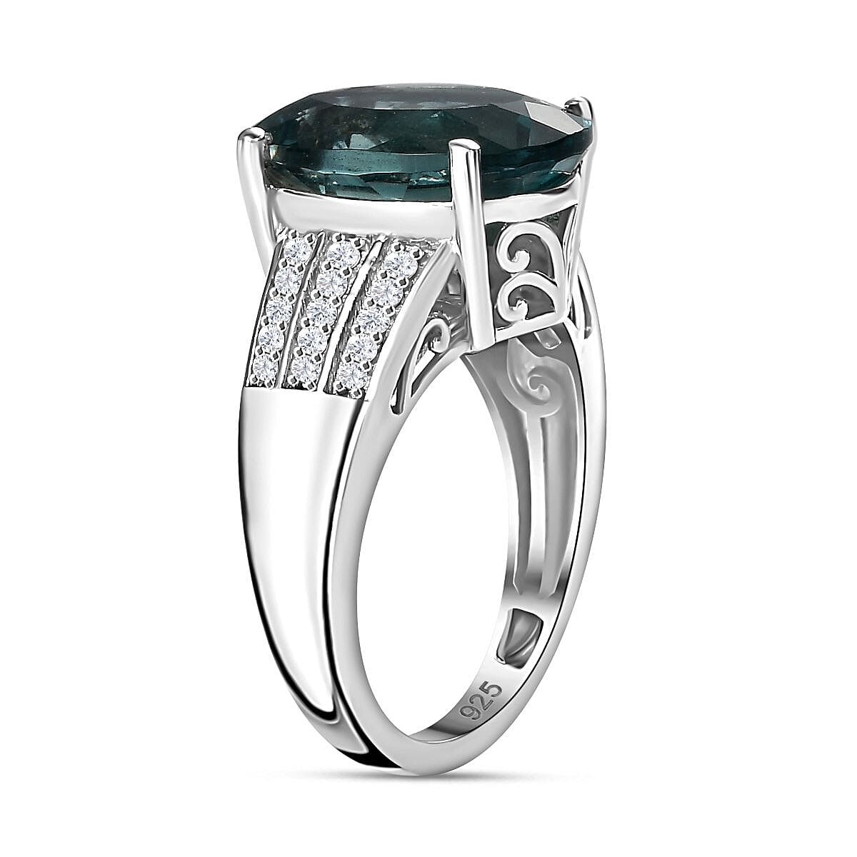 Belgian Teal Fluorite and Natural Zircon Ring in Rhodium Overlay Sterling Silver 6.96 Ct 7807567 4