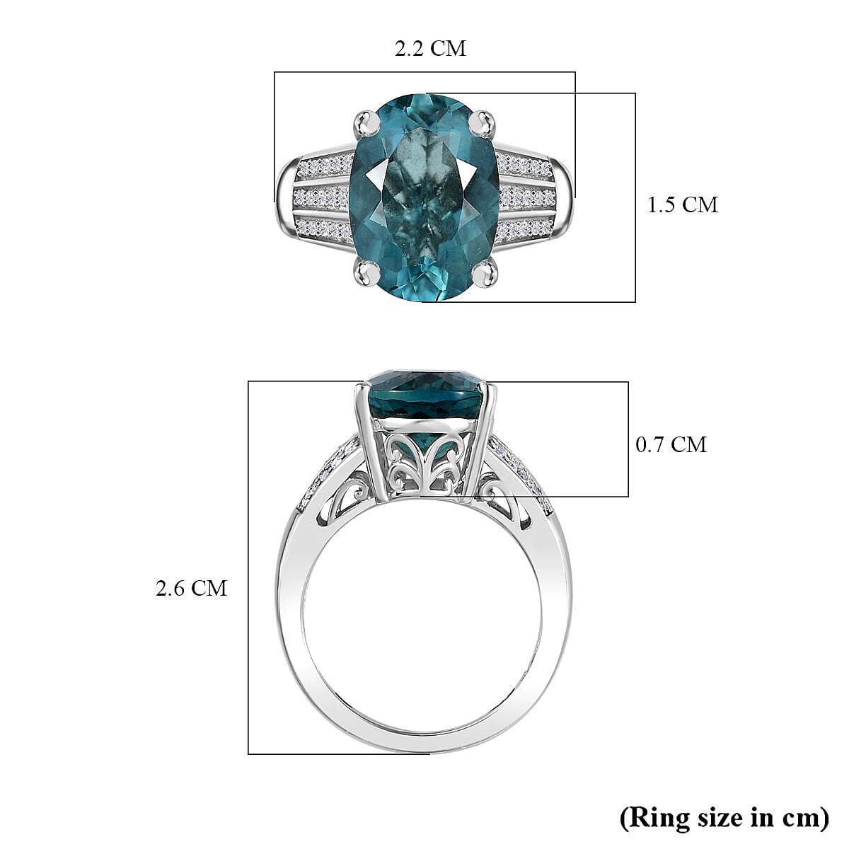 Belgian Teal Fluorite and Natural Zircon Ring in Rhodium Overlay Sterling Silver 6.96 Ct 7807567 6