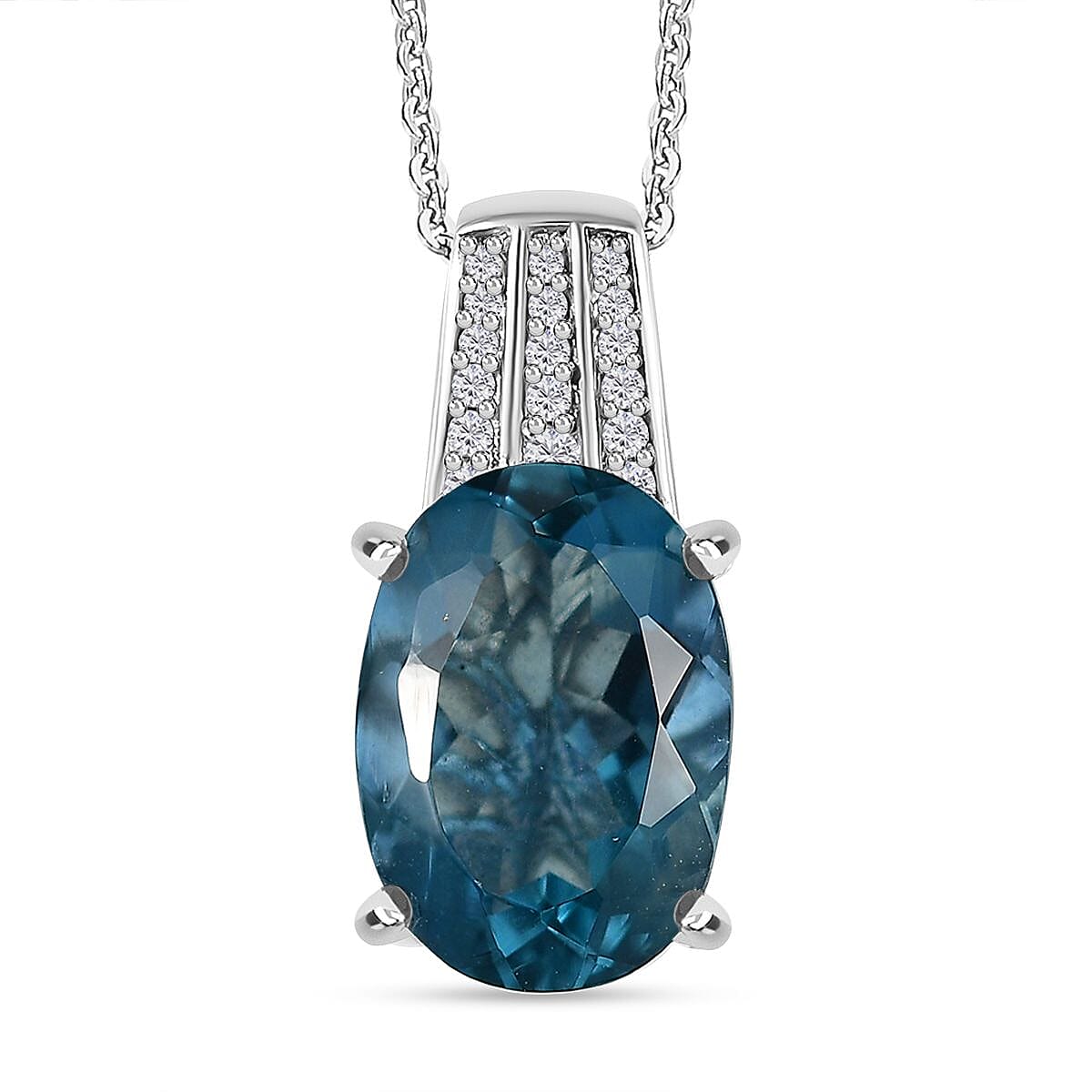Belgian Teal Fluorite &amp; Natural Zircon Pendant with Chain (Size 20) in Rhodium Overlay Sterling Silver 7.40 Ct 4282904 0