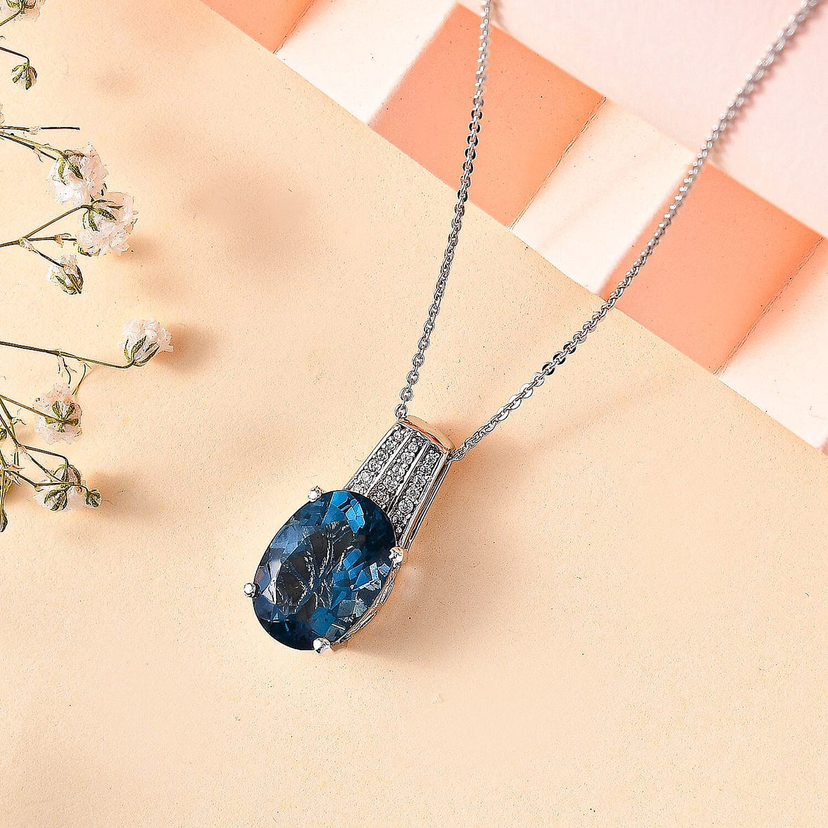 Belgian Teal Fluorite &amp; Natural Zircon Pendant with Chain (Size 20) in Rhodium Overlay Sterling Silver 7.40 Ct 4282904 3