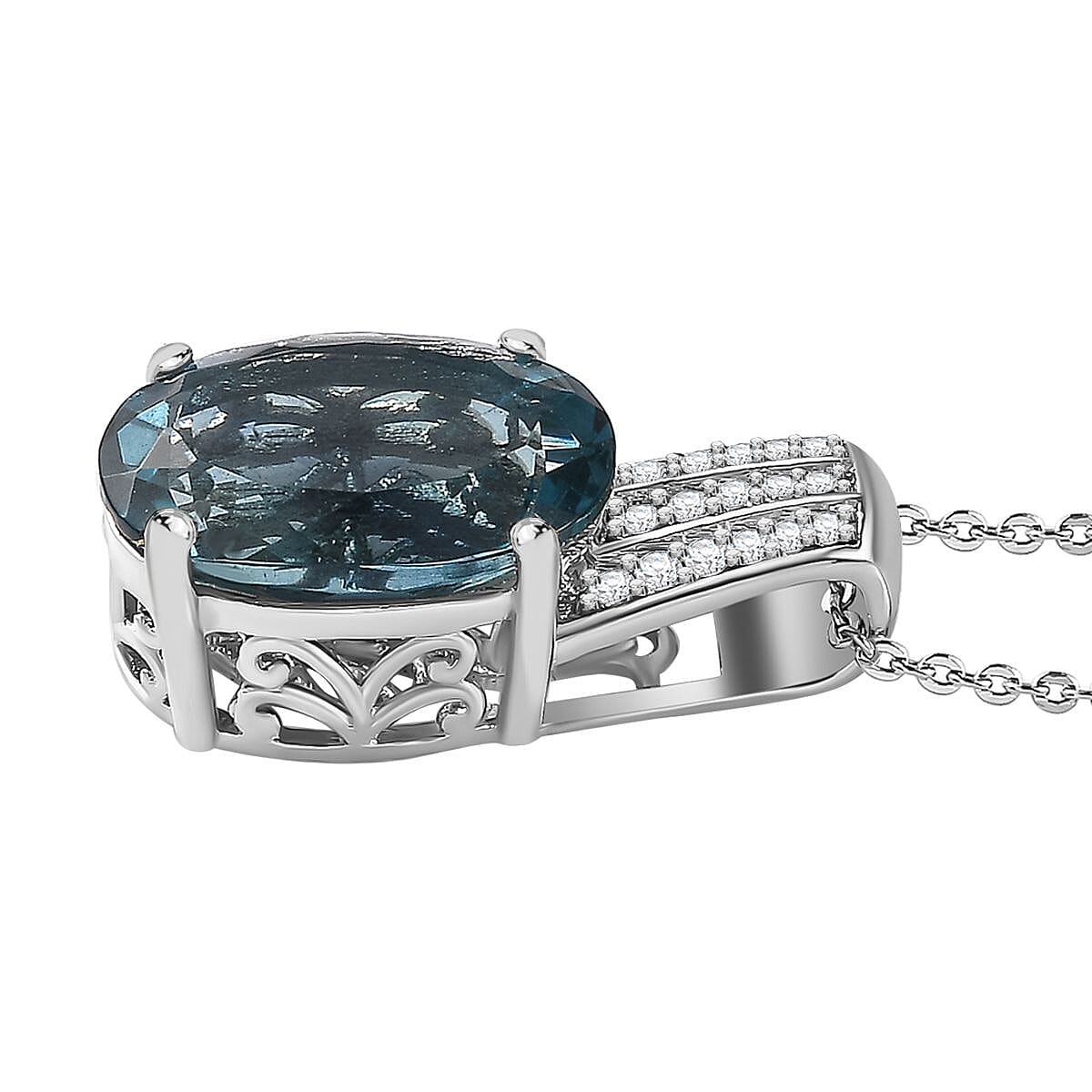 Belgian Teal Fluorite &amp; Natural Zircon Pendant with Chain (Size 20) in Rhodium Overlay Sterling Silver 7.40 Ct 4282904 4