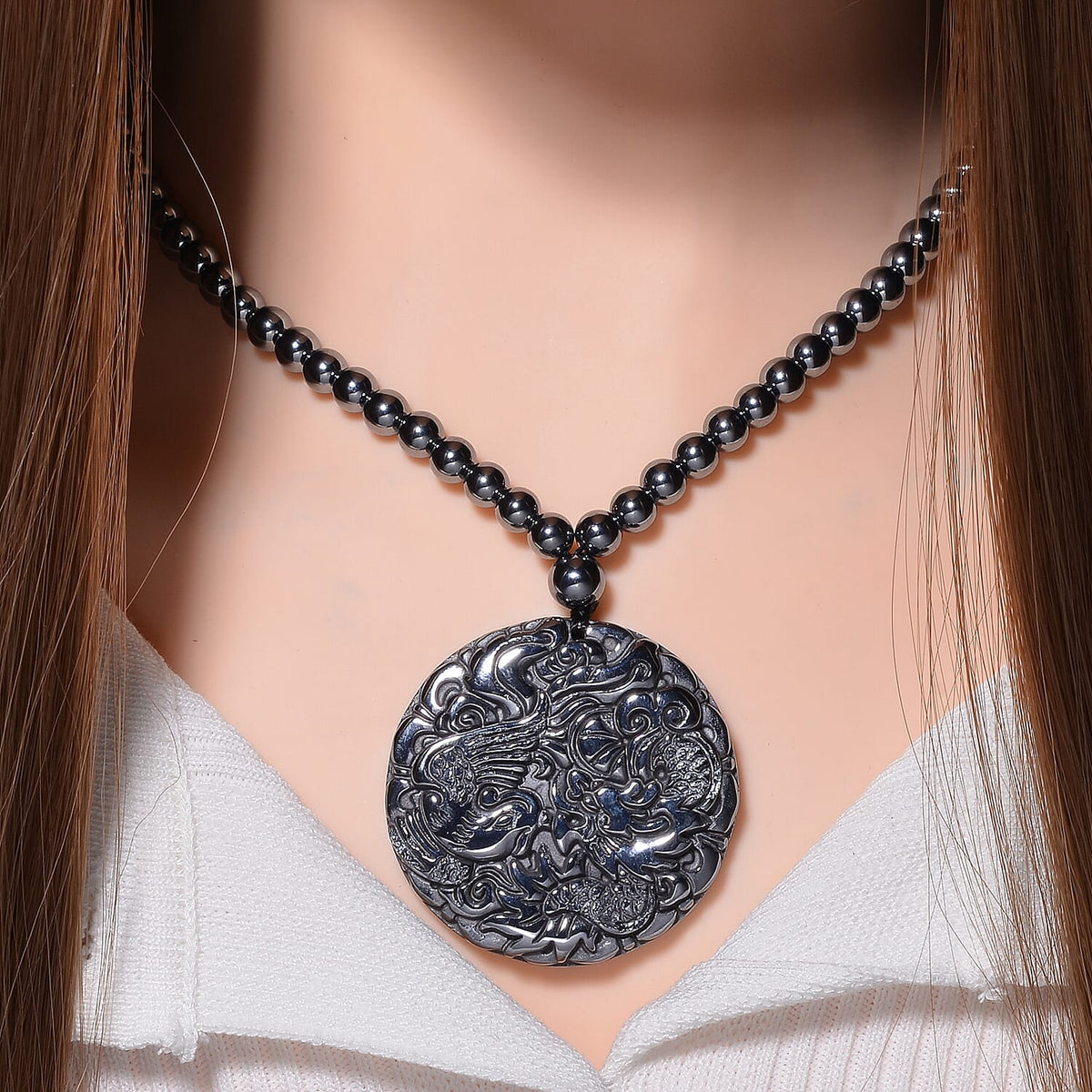 Terahertz Carved Dragon Medallion Necklace (Size - 20) in Rhodium Overlay Sterling Silver 255 Ct. 7806095 1