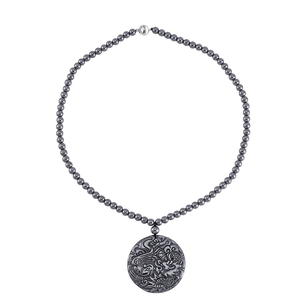 Terahertz Carved Dragon Medallion Necklace (Size - 20) in Rhodium Overlay Sterling Silver 255.00 Ct