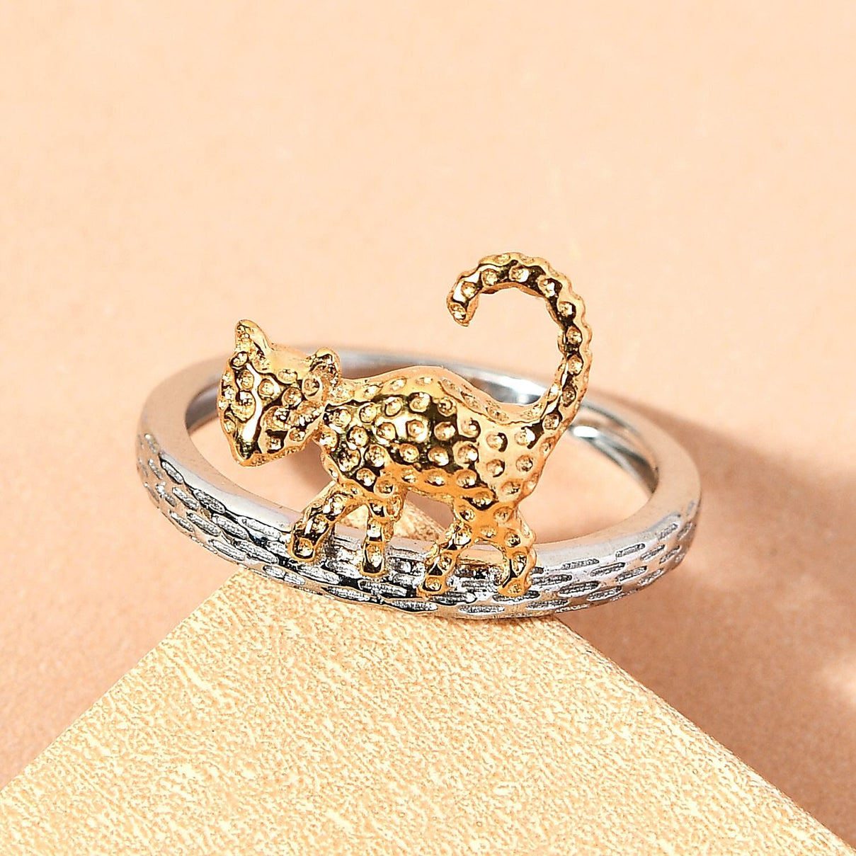 Texture Cat Band Ring in Two Tone Silver Platinum and Gold Plated 925 Sterling Silver 3264765 2
