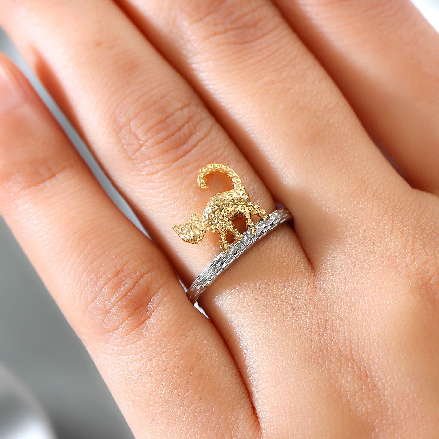 Texture Cat Band Ring in Two Tone Silver Platinum and Gold Plated 925 Sterling Silver 3264765 3