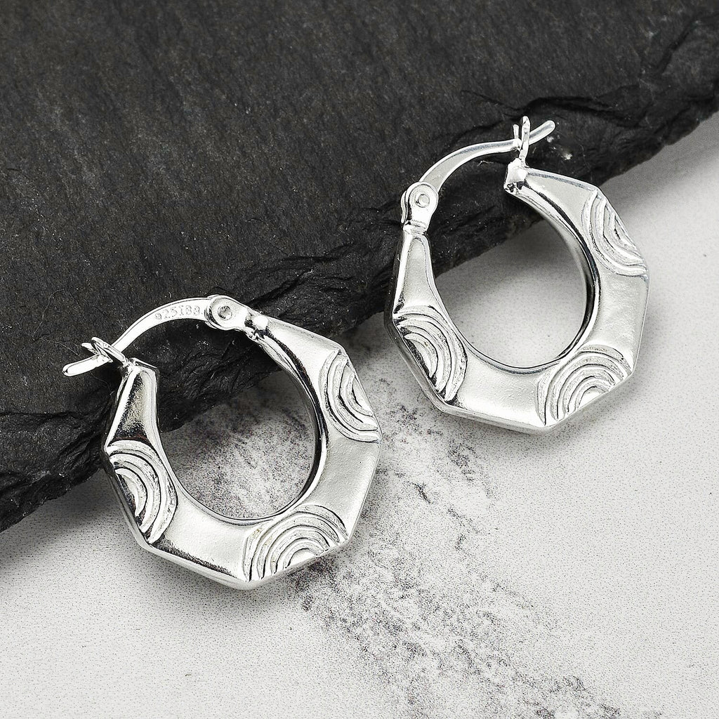 Textured Hexagon Creole Hoop Earrings in Sterling Silver