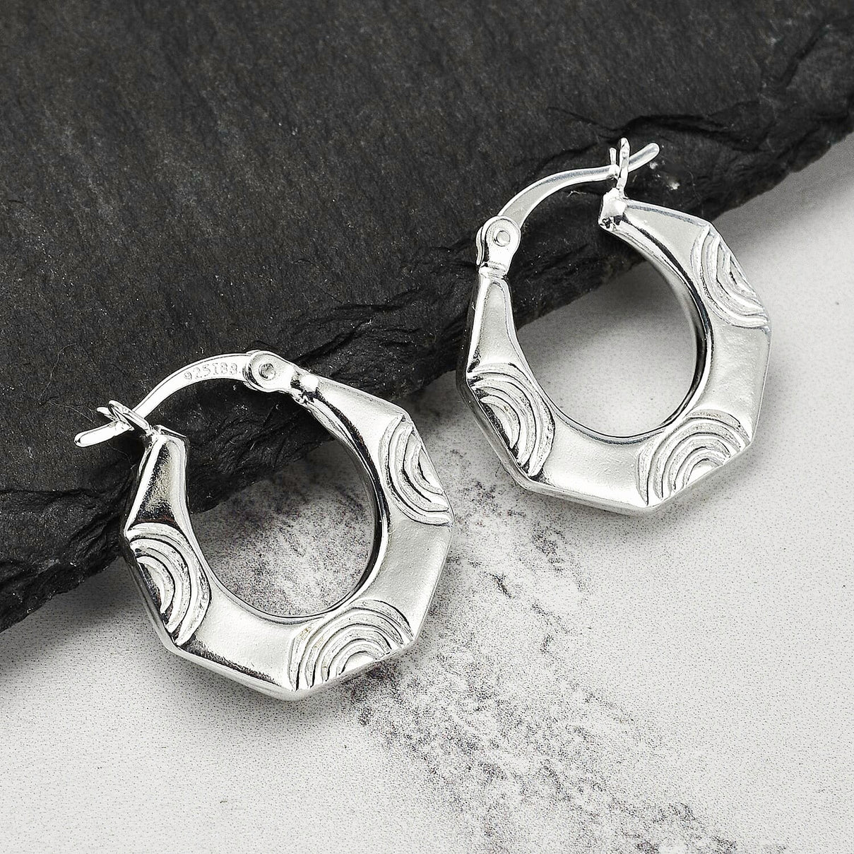 Textured Hexagon Creole Hoop Earrings in Sterling Silver 7782963 1