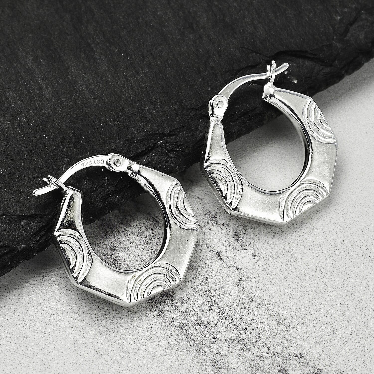 Textured Hexagon Creole Hoop Earrings in Sterling Silver 7782963 1