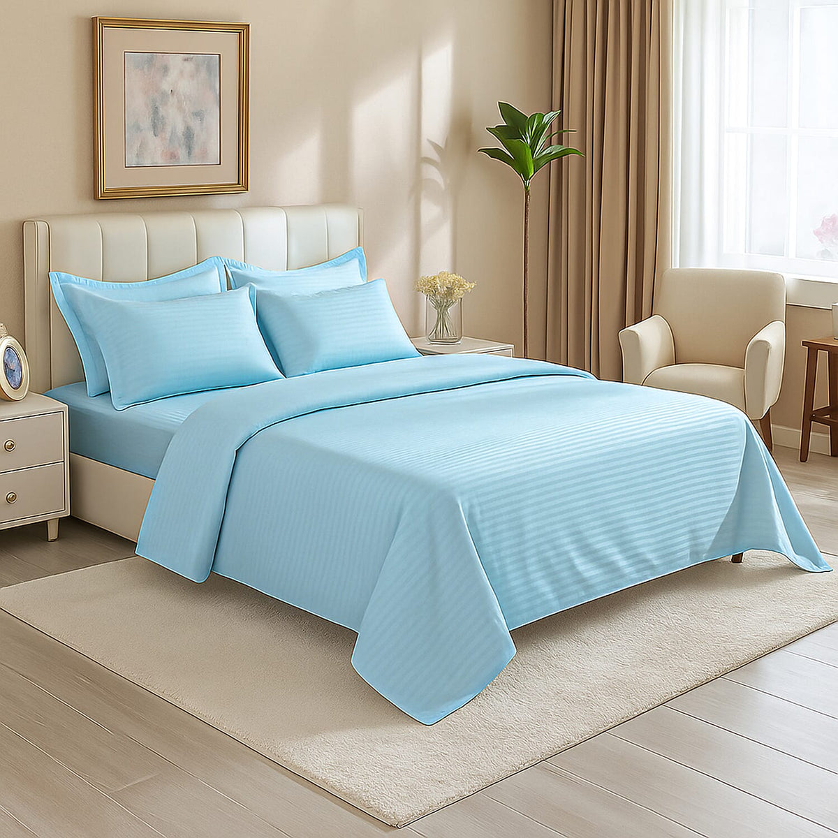 The Luxe Collection - 6 Piece Cotton Vertical Satin Stripe Duvet Cover Set - Inc. 1 Duvet Cover, 1 Fitted Sheet with 2 Housewife &amp; 2 Oxford Pillowcases (Double) - Aqua V32605748 0