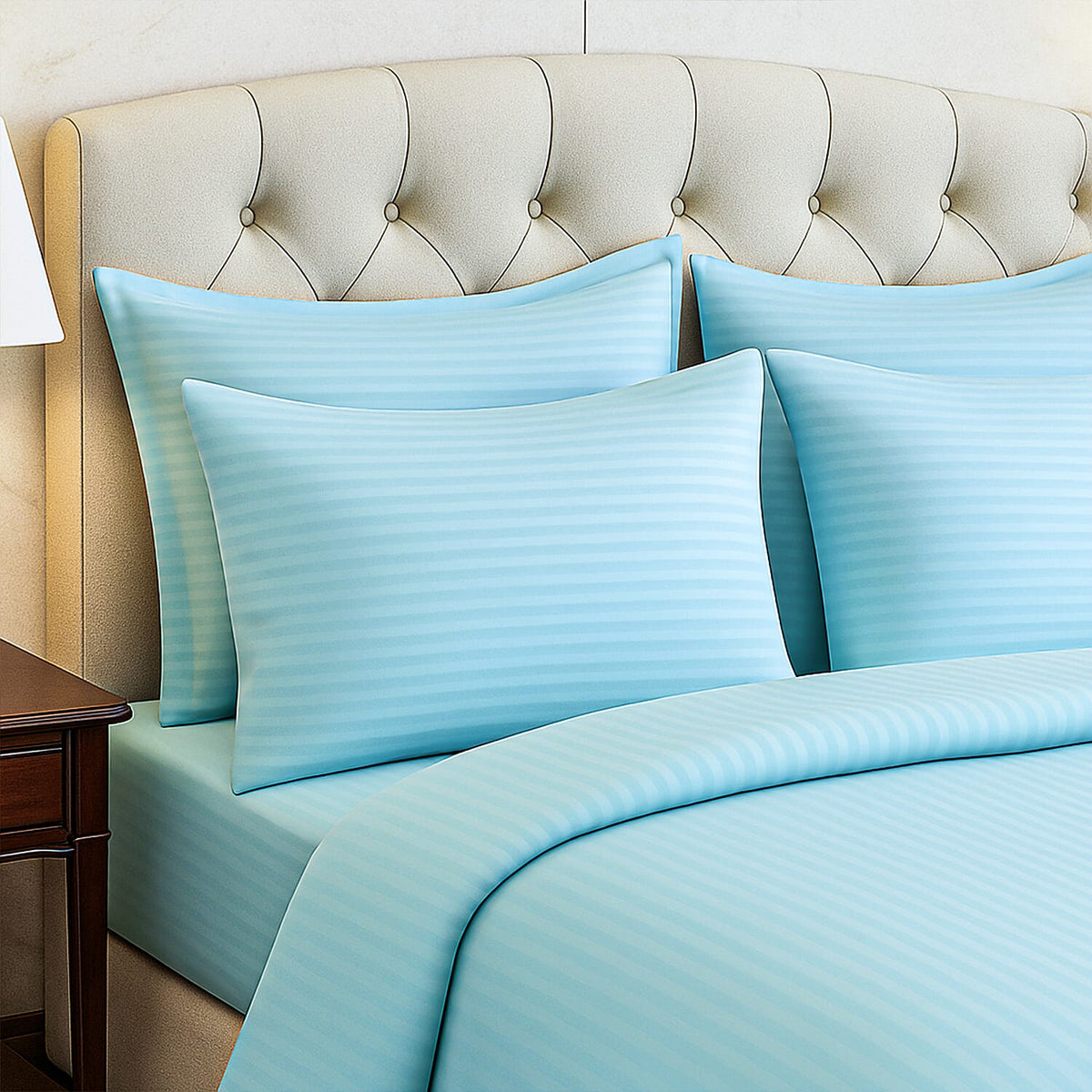 The Luxe Collection - 6 Piece Cotton Vertical Satin Stripe Duvet Cover Set - Inc. 1 Duvet Cover, 1 Fitted Sheet with 2 Housewife &amp; 2 Oxford Pillowcases (Double) - Aqua V32605748 2