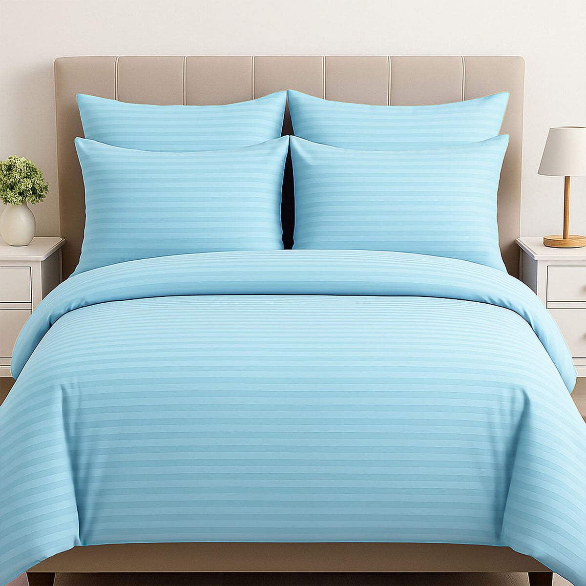 The Luxe Collection - 6 Piece Cotton Vertical Satin Stripe Duvet Cover Set - Inc. 1 Duvet Cover, 1 Fitted Sheet with 2 Housewife &amp; 2 Oxford Pillowcases (Double) - Aqua V32605748 3