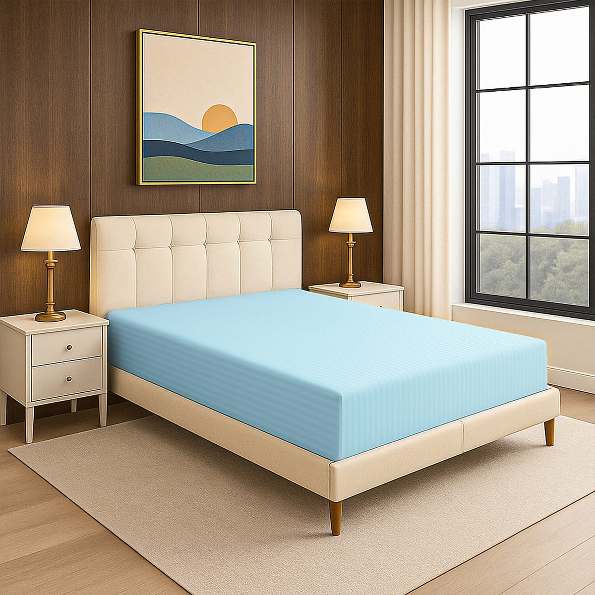 The Luxe Collection - 6 Piece Cotton Vertical Satin Stripe Duvet Cover Set - Inc. 1 Duvet Cover, 1 Fitted Sheet with 2 Housewife &amp; 2 Oxford Pillowcases (Double) - Aqua V32605748 6