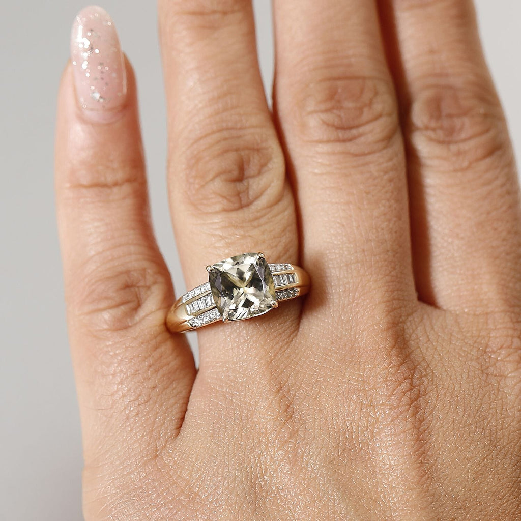 The Royal Cushion - AAA Turkizite (3.55Ct) & Natural White Diamond (I2-G-H) Ring in 14K Yellow Gold 4.10 Ct.