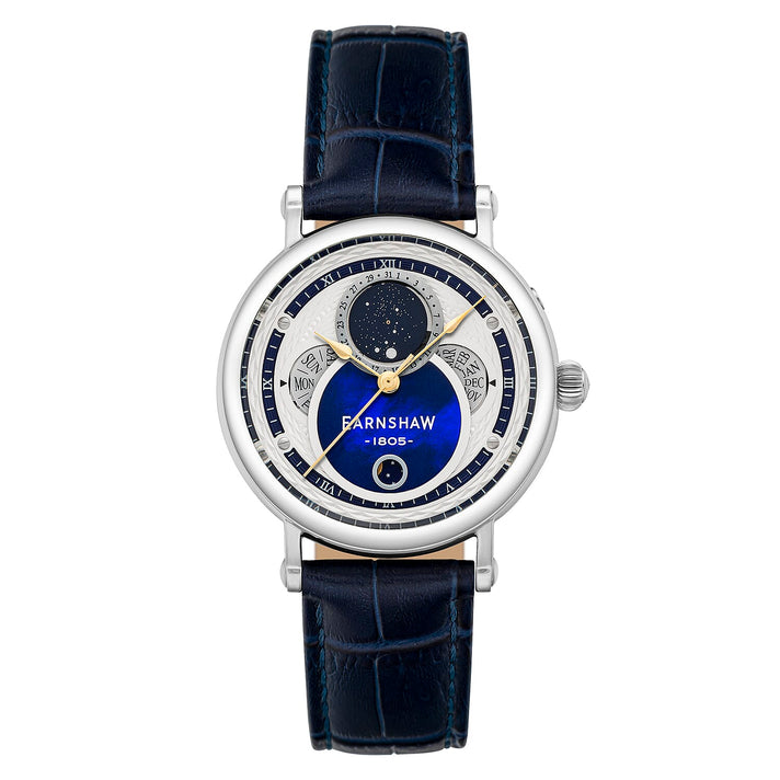 Thomas Earnshaw Messier Moonphase Calendar Mens Japanese Quartz Movement Silver Case 5 ATM Water Resistant Watch with Blue Leather Strap 7594518 1
