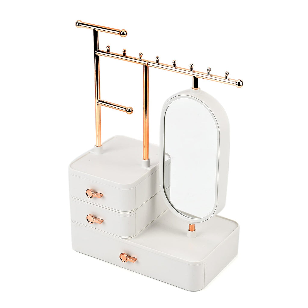 Tiered Tower Jewelry Holder with 360 Degree Rotating Mirror, 3 Layer Drawer (Size 25x15x37 cm) - White