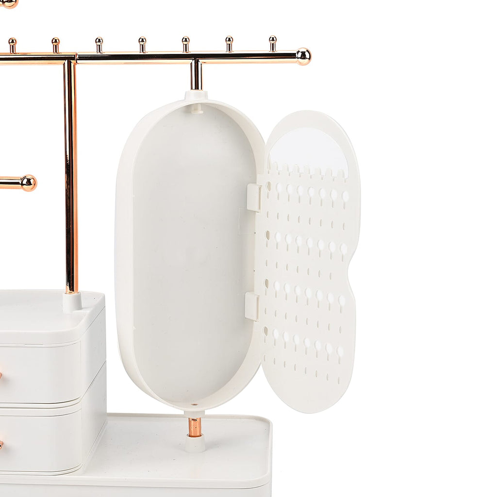 Tiered Tower Jewelry Holder with 360 Degree Rotating Mirror, 3 Layer Drawer (Size 25x15x37 cm) - White