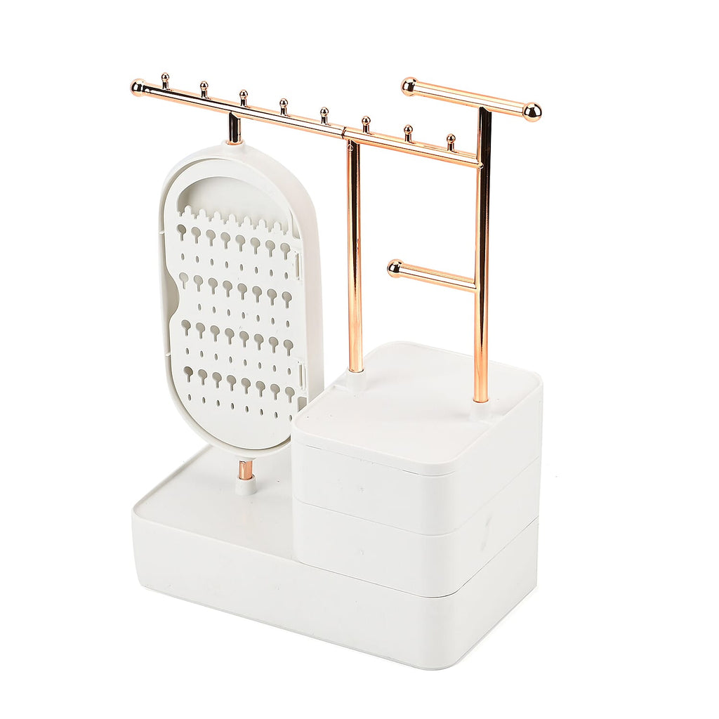 Tiered Tower Jewelry Holder with 360 Degree Rotating Mirror, 3 Layer Drawer (Size 25x15x37 cm) - White