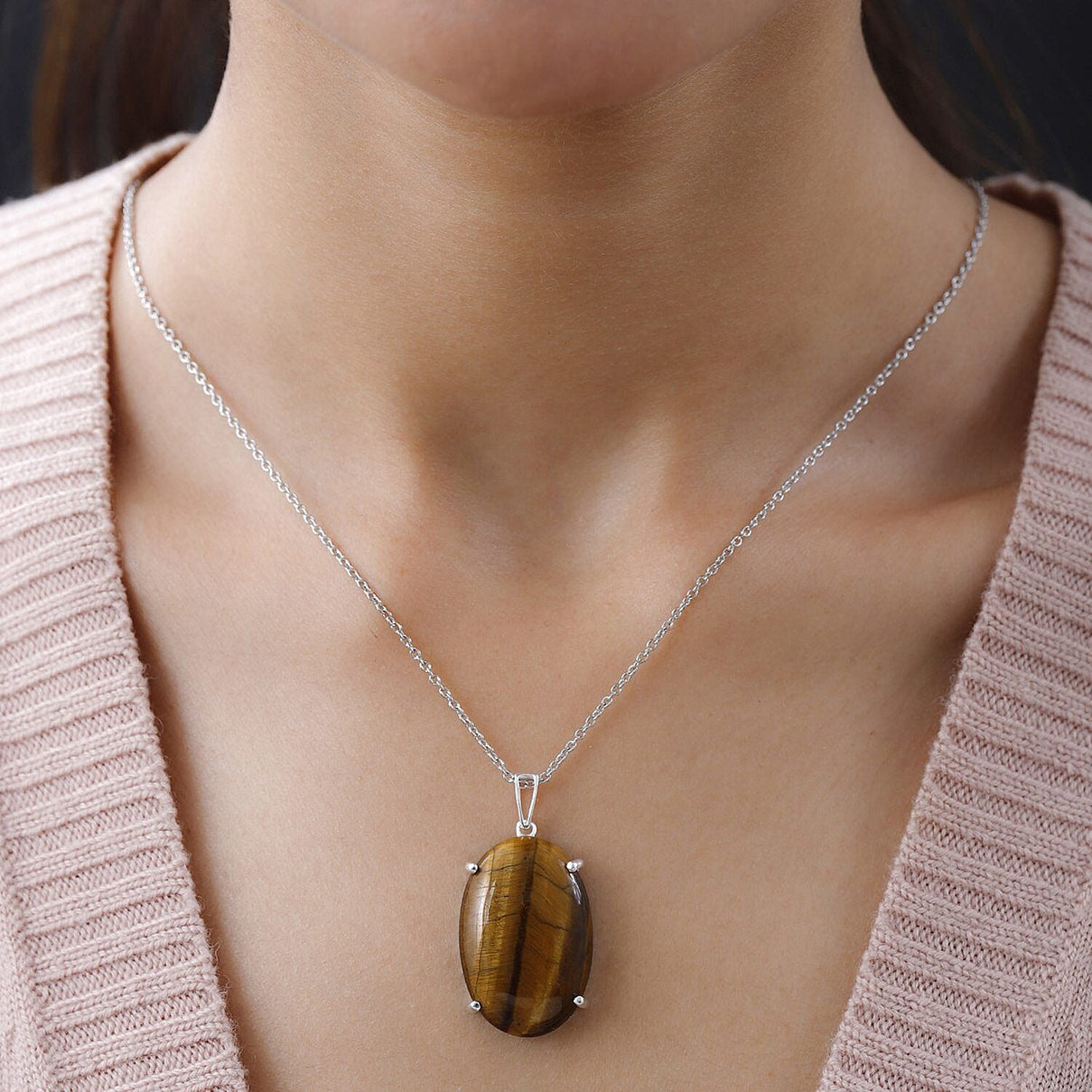 Tigers Eye Sterling Silver Solitaire Pendant with Free Chain 27.00 Ct 4205785 2
