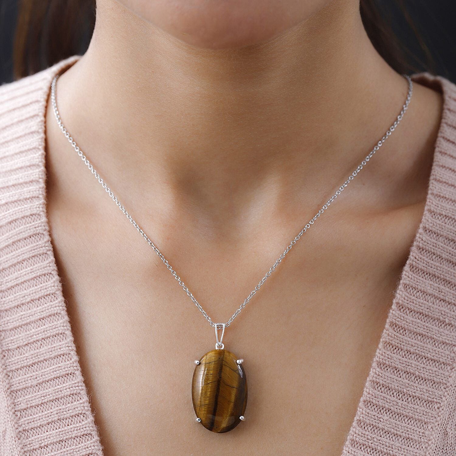 Tigers Eye Sterling Silver Solitaire Pendant with Free Chain 27.00 Ct 4205785 2
