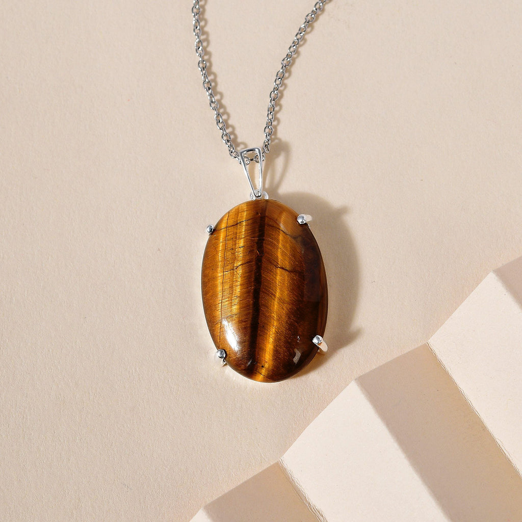 Tigers Eye Sterling Silver Solitaire Pendant with Free Chain 27.00 Ct