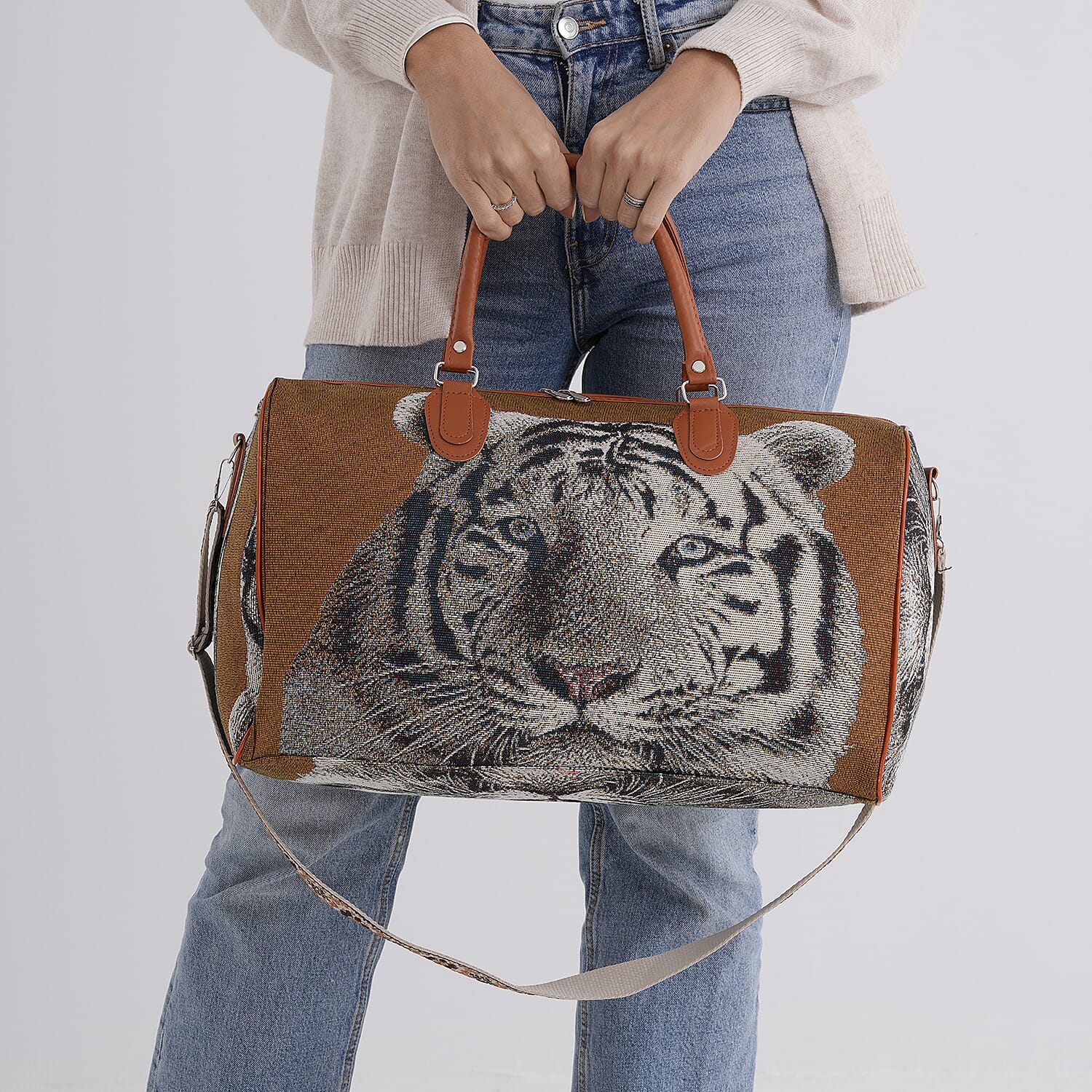 Life Style Tiger Print Duffel Bag with Shoulder Strap - Brown V32370353 4