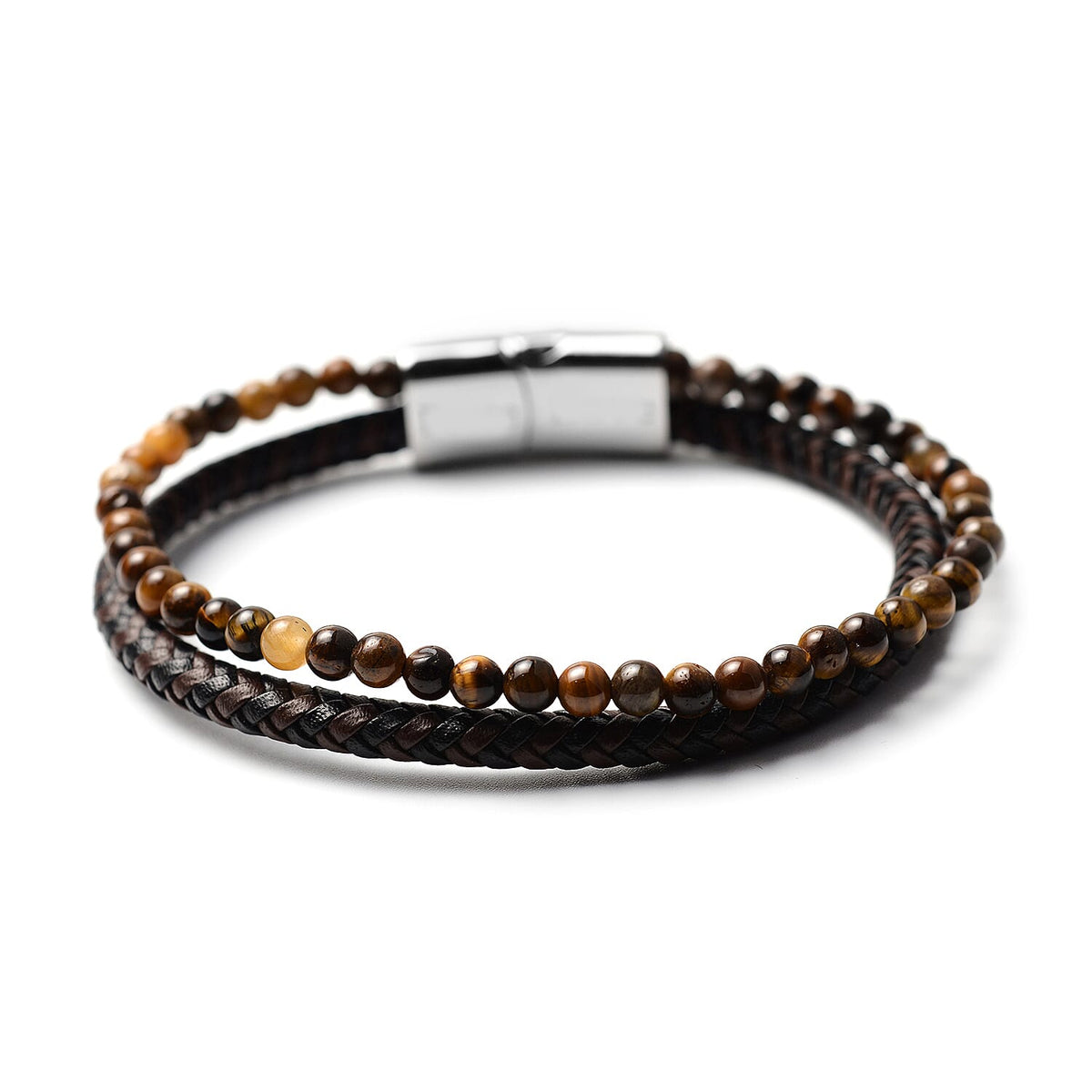 Tigers Eye Beads and Braided Microfibre Leather Bracelet (Size 7.75) with Magnetic Lock in Stainless Steel 6020729 1