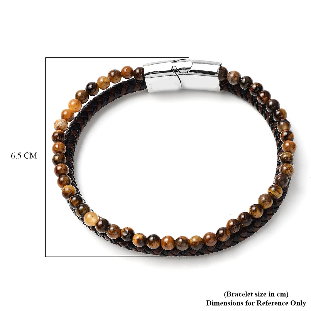 Tigers Eye Beads and Braided Microfibre Leather Bracelet (Size 8.5) with Magnetic Lock in Stainless Steel