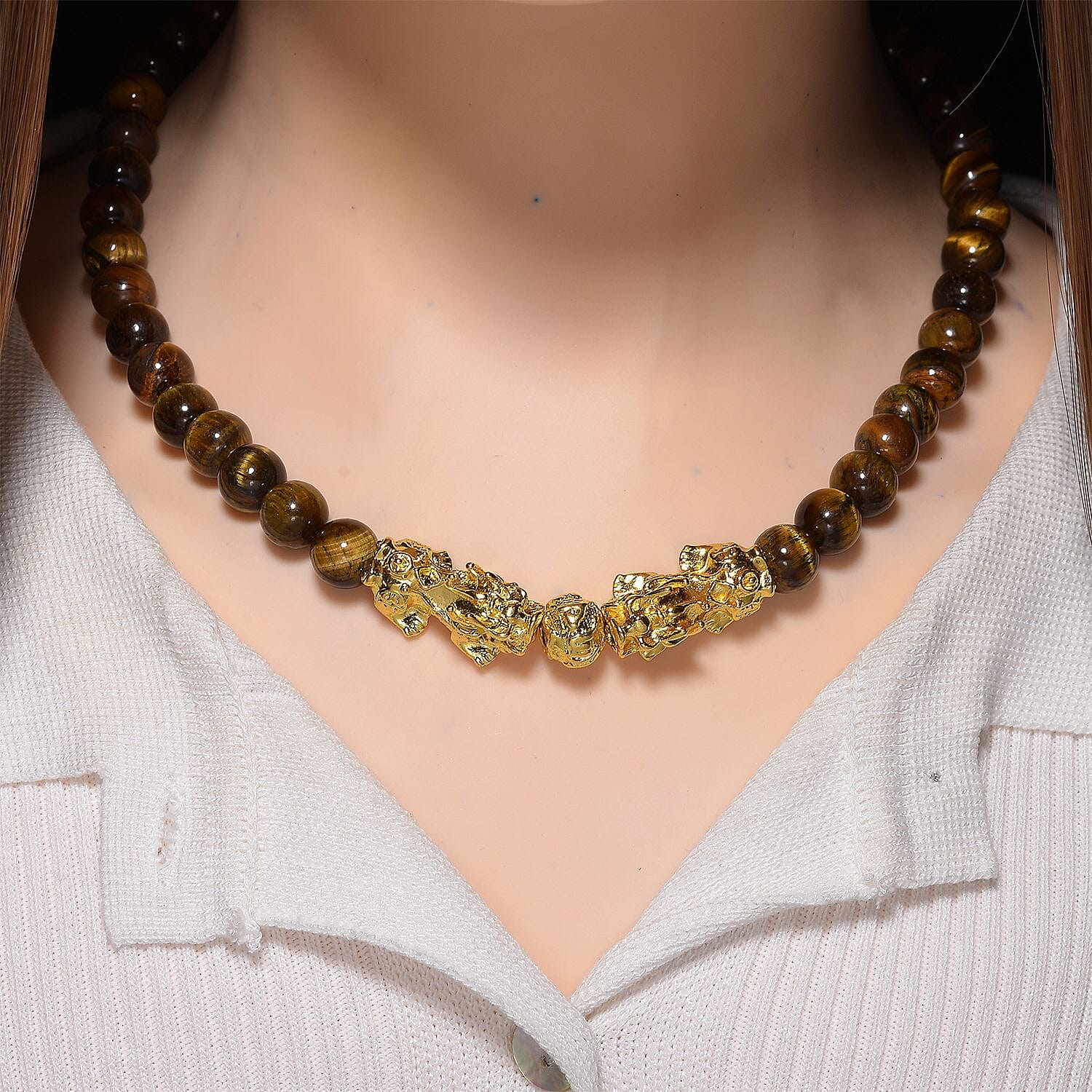 Tigers Eye Beads, Pixiu Necklace (Size 18 - 2 Ext) in Yellow Goldtone 330.00 Ct. 8172093 1