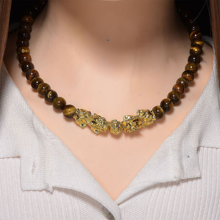 Tigers Eye Beads, Pixiu Necklace (Size 18 - 2 Ext) in Yellow Goldtone 330.00 Ct. 8172093 2